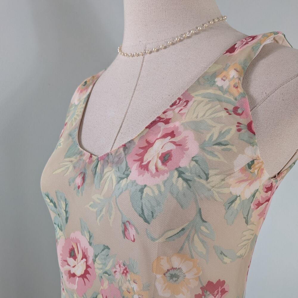 Floral Midi Dress 4P Beige Floral Pink Y2K Ruffle Fairy Feminine Dainty Cottage